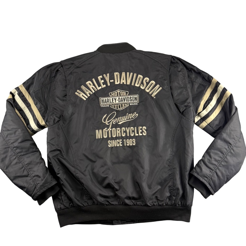 Harley-Davidson Mens Black Nylon Bomber Jacket Embroidered Racing Stripes Large